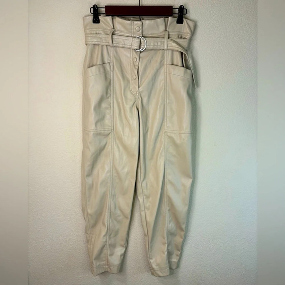 House of Harlow 1960 Pants - House of Harlow 1960 Cream Ecru Faux Leather High Waisted Belted Dress Pants